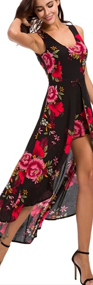 Sleeveless Scoop Neck Floral Rayon Party Split Maxi Romper Dress - Picture 2 of 4